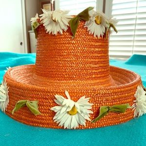 Vintage Fun Funky Orange hat with flowers.